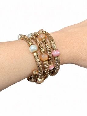 Multi Strand Mesh Coil Wrap Gold-tone Bracelet Beaded